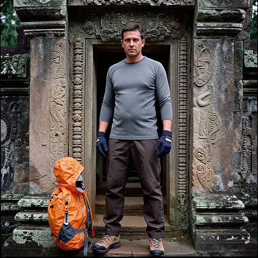 Photograph of a serious man in gray long-sleeve shirt, brown pants, black gloves, standing before ancient, carved stone doorway with orange backpack