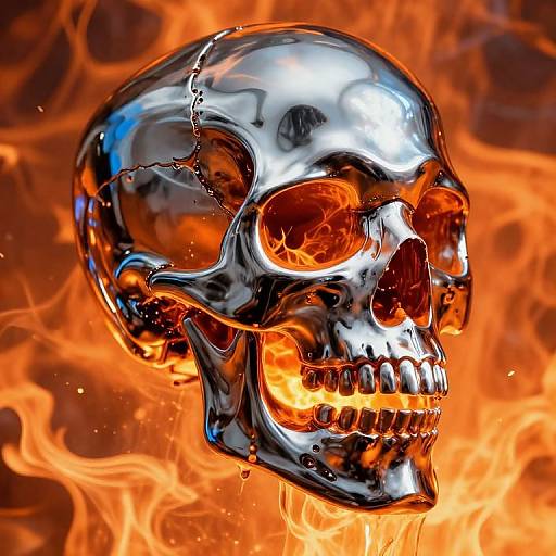 Digital artwork of a shiny, metallic skull with fiery orange flames surrounding it, highlighting cracks and reflecting light.