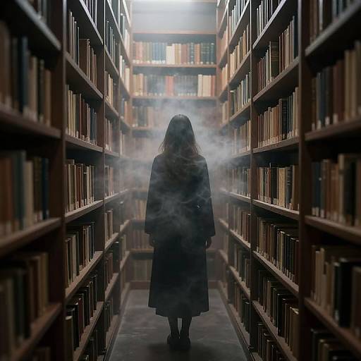 Mysterious silhouette in long coat, standing in mist-filled library aisle with towering bookshelves, dim lighting, and foggy atmosphere. Photorealistic
