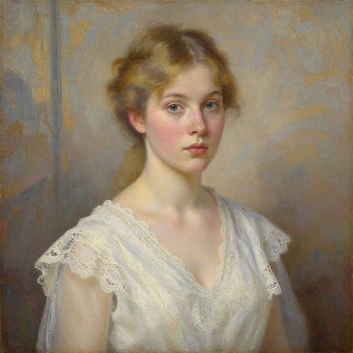 Realistic oil painting of a young Caucasian woman with fair skin, blue eyes, and light brown hair, wearing a white lace dress.