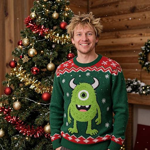 Photograph of a smiling man with spiky blonde hair wearing a green Christmas sweater with a green monster and white horns, standing in front of a decorated