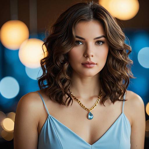 Young Woman in Blue Top with Gold Necklace