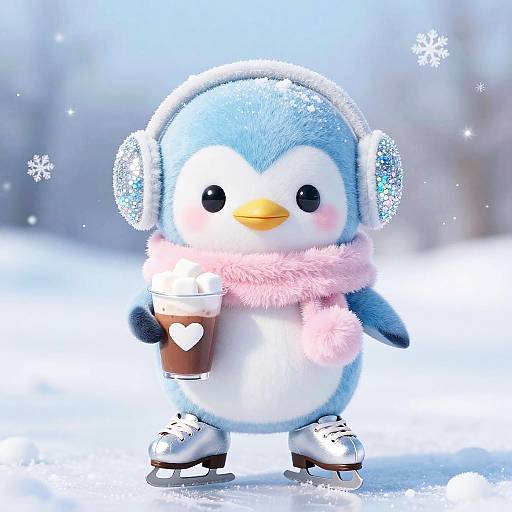 Kawaii Ice-Skating Penguin with Hot Cocoa