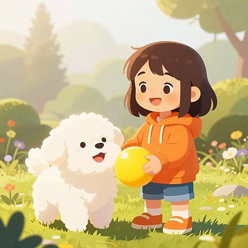 Digital anime-style drawing of a cute brown-haired girl in an orange hoodie and blue shorts, holding a yellow ball, standing beside a fluffy white dog in