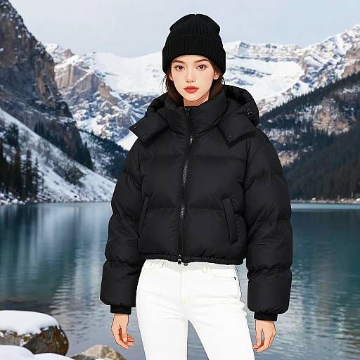 Woman in sporty winter outfit by mountain lake