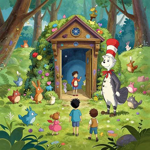 Colorful forest scene: children in front of a wooden, flower-covered archway, with a white penguin in a red hat, surrounded by whims
