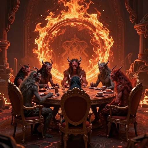 Anthropomorphic Demon Animals at Fiery Table