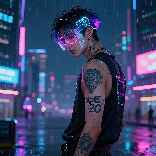Neon-lit cyberpunk cityscape at night, raining. Tattooed, androgynous man with black spiky hair, glowing pink and