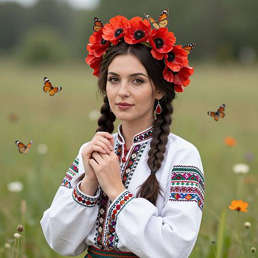 Photograph of a young woman with fair skin, dark braids, wearing a red flower crown, white embroidered blouse, surrounded by butterflies in a grass