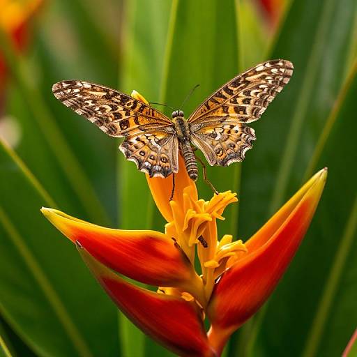 Photograph of a colorful butterfly with intricate black and orange wing patterns perched on a vibrant orange and yellow flower against a lush green background.