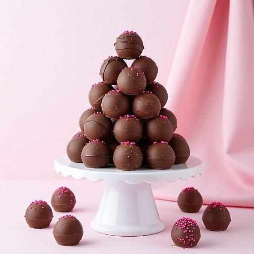 Photograph of a pyramid of chocolate-covered truffles with pink sprinkles, on a white stand, against a pink fabric background.