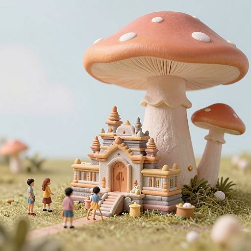 Photograph of a whimsical, miniature fairy-tale house with ornate architecture, surrounded by giant mushrooms, and four small, colorful toy children playing