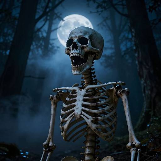 Photograph of a detailed, eerie human skeleton with bared teeth, standing in a dark, misty forest under a glowing full moon.
