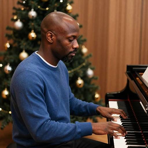 Man Playing Piano with Christmas Tree