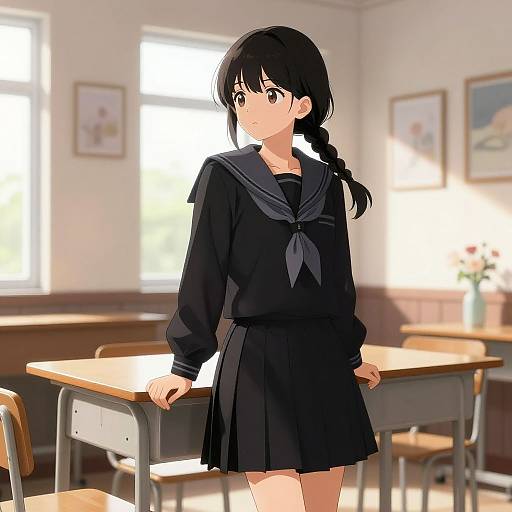 Anime-style digital drawing of a black-haired girl in a black sailor school uniform standing in a sunlit classroom with desks.