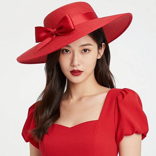 Photograph of an Asian woman with fair skin, wearing a red hat with a bow, matching red dress with puffed sleeves, and red lipstick,