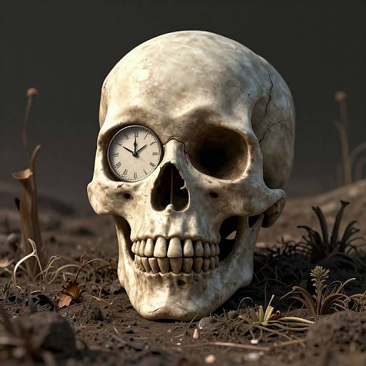 Photorealistic CGI of a weathered, white skull with a clock face in its left eye socket, surrounded by dark, barren ground and sparse vegetation