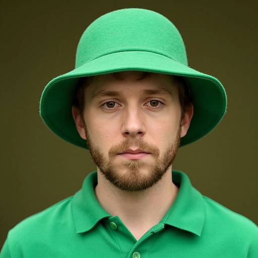 Photograph of a bearded man with light skin and brown eyes, wearing a bright green hat and matching green polo shirt, against a dark green background