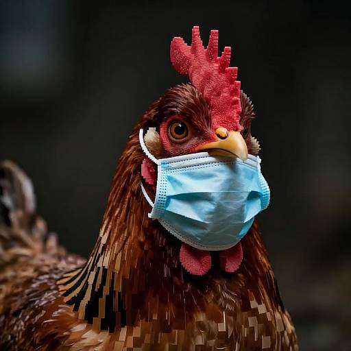 Photograph of a brown hen with a red comb and beak, wearing a blue surgical mask, against a dark, blurred background.