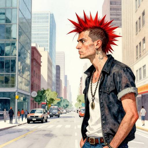 Digital illustration of a punk man with red spiky hair, black denim shirt, white tee, and necklace, walking in a sunny urban street. Tall