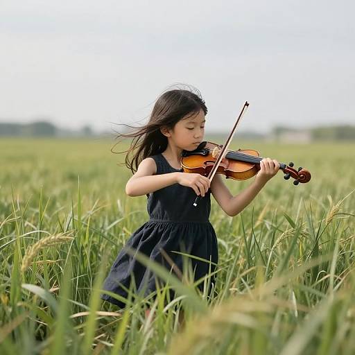 Young Asian girl in black dress playing violin in lush green field, wind blowing her hair, serene natural background. Photograph.