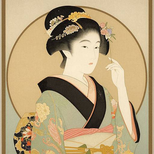 Traditional Japanese Kimono in Mucha Style
