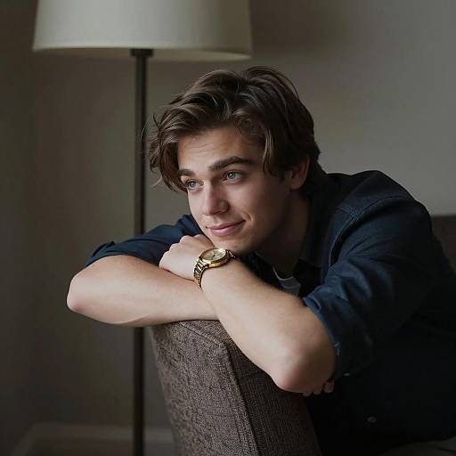 Young man leaning on chair with thoughtful expression