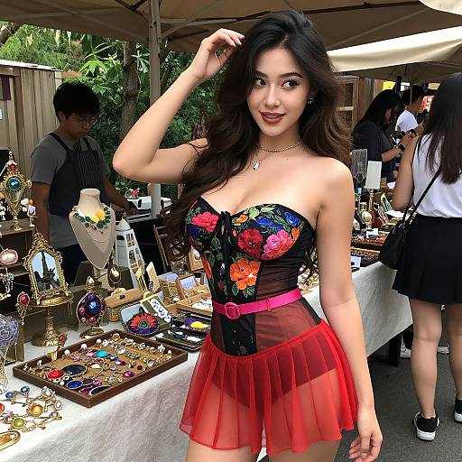 Photograph of an Asian woman with long black hair, wearing a black floral corset and red sheer skirt, smiling at an outdoor market stall filled with