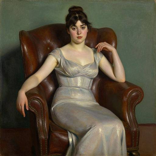 Photorealistic painting of a fair-skinned woman with dark hair in an updo, wearing a shimmering silver gown, seated in a brown leather