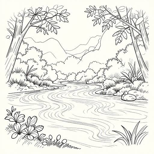 Black-and-white line drawing of a serene forest stream with winding water, surrounded by trees, bushes, and mountains in the background.