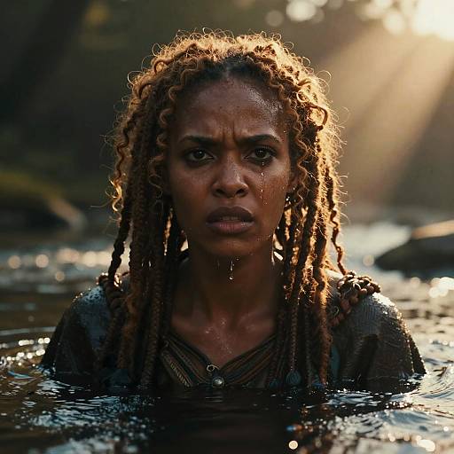 Photograph of a serious Black woman with wet, curly dreadlocks, standing in a sunlit forest stream, wearing a dark, wet top.