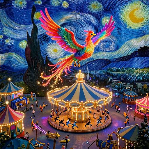 Vibrant digital artwork of a colorful phoenix over a lit carousel at night, with swirling blue sky and stars, inspired by Van Gogh's 