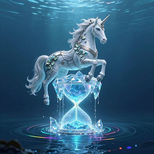 Digital artwork of a glowing, ornate white unicorn with blue accents, prancing on a crystalline hourglass, surrounded by water and colorful reflections.