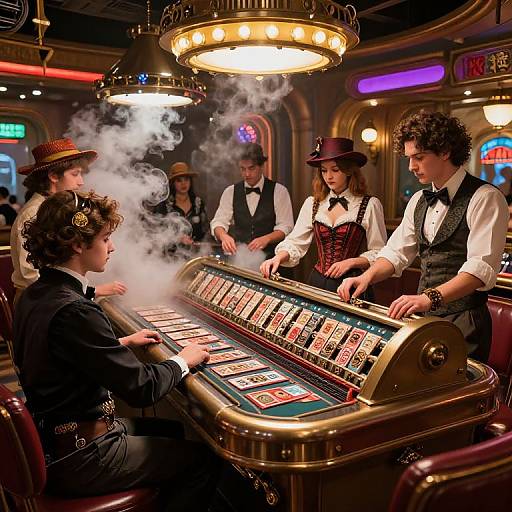 Photograph of a steampunk-themed casino with five people in Victorian attire, playing a slot machine, surrounded by glowing neon lights and smoke.