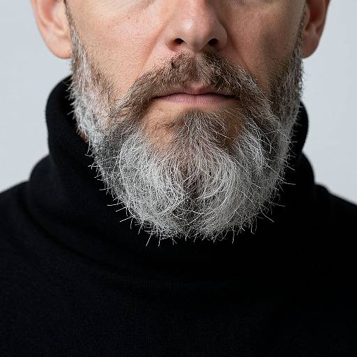 Close-up photograph of a bearded man with white-gray beard, wearing a black turtleneck, against a white background.