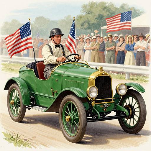 Vintage illustration of a bearded man in a black helmet driving a green antique car with two American flags, passing a cheering crowd. Bright, sunny day
