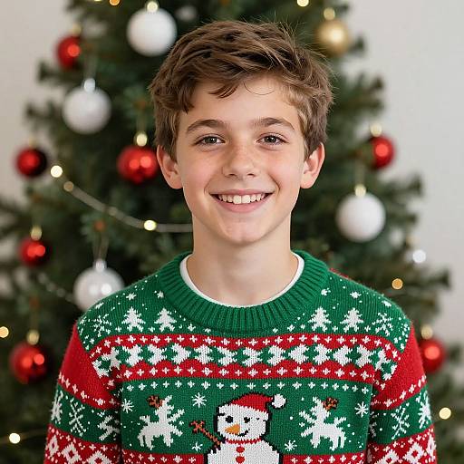 Young boy with short brown hair, smiling, wearing a green Christmas sweater with red and white patterns, standing in front of a decorated Christmas tree with red