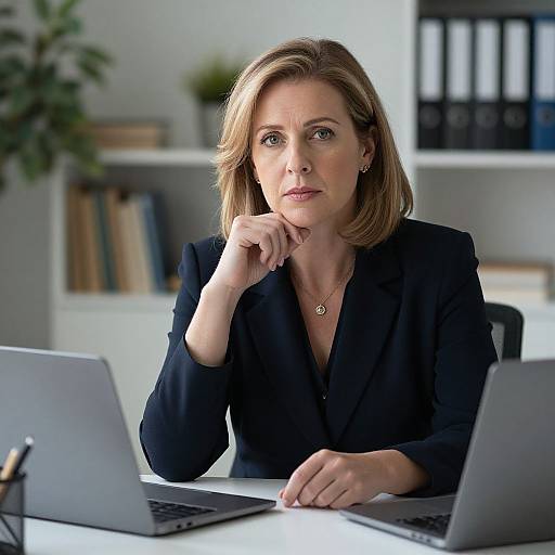 Photograph of a focused, blonde, middle-aged woman in a black blazer, sitting at a desk with two laptops, in a modern office with