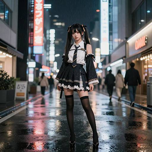 Photograph of a young woman in a black gothic lolita dress with white lace, thigh-high stockings, and black bows, standing in a neon