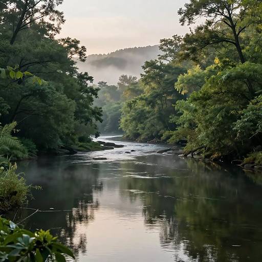 Photograph of a tranquil, misty river flanked by dense, green trees, reflecting calm water, with a soft, morning light.