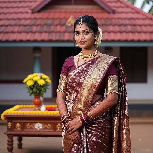 Photograph of a beautiful Indian woman in a maroon and gold sari, adorned with jewelry, standing in front of a traditional building with a floral