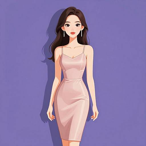 Digital anime-style drawing of a beautiful young woman with long black hair, wearing a form-fitting, light pink, spaghetti-strap dress, standing against