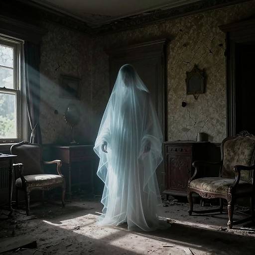 Photograph of a ghostly, translucent figure in a tattered white sheet standing in a dimly lit, abandoned, Victorian-style room with sunlight streaming