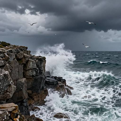 Stormy seascape photograph: Dark, jagged cliffs in foreground, powerful waves crashing, white foam, dark cloudy sky, and seagulls flying