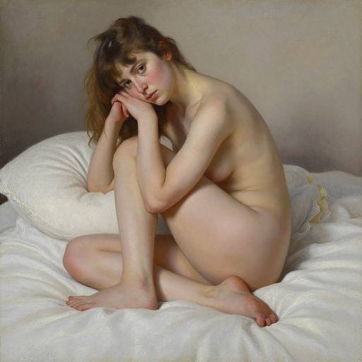 Photorealistic painting of a nude, fair-skinned woman with brown hair, sitting on white pillows, curled up, head resting on hand, looking