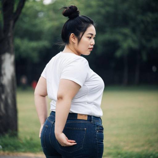 Plus Size Asian Woman in White T-Shirt and Jeans Outdoors