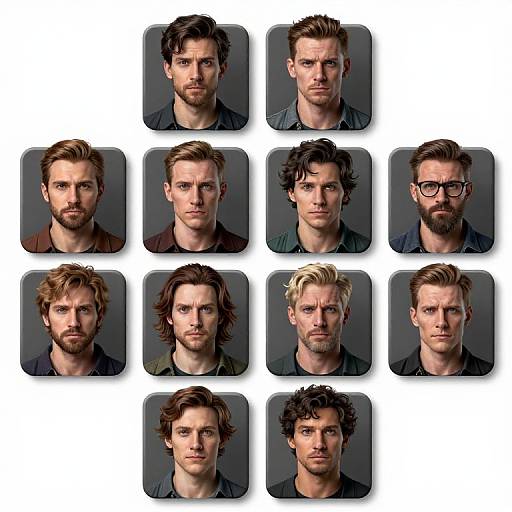 Photograph of twelve male portraits in rounded square frames, showing diverse hairstyles, facial hair, and expressions, against a grey background.