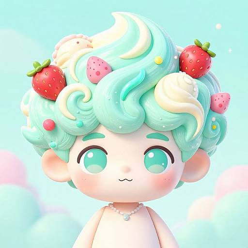 Cute digital illustration of a chibi-style child with pastel blue-green swirled hair, strawberry and whipped cream decorations, large turquoise eyes,