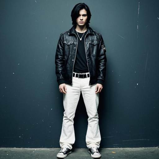 Stylish Young Man in Black Leather Jacket and White Pants