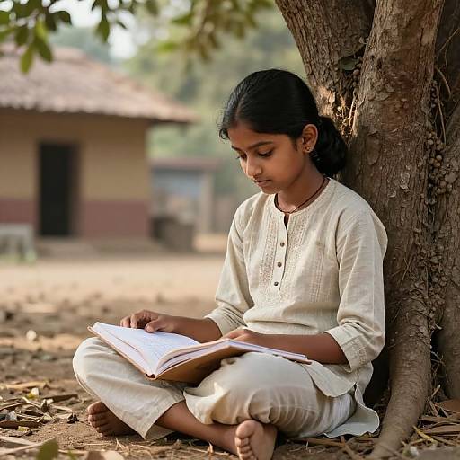 Indian Girl Studying Under Banyan Tree